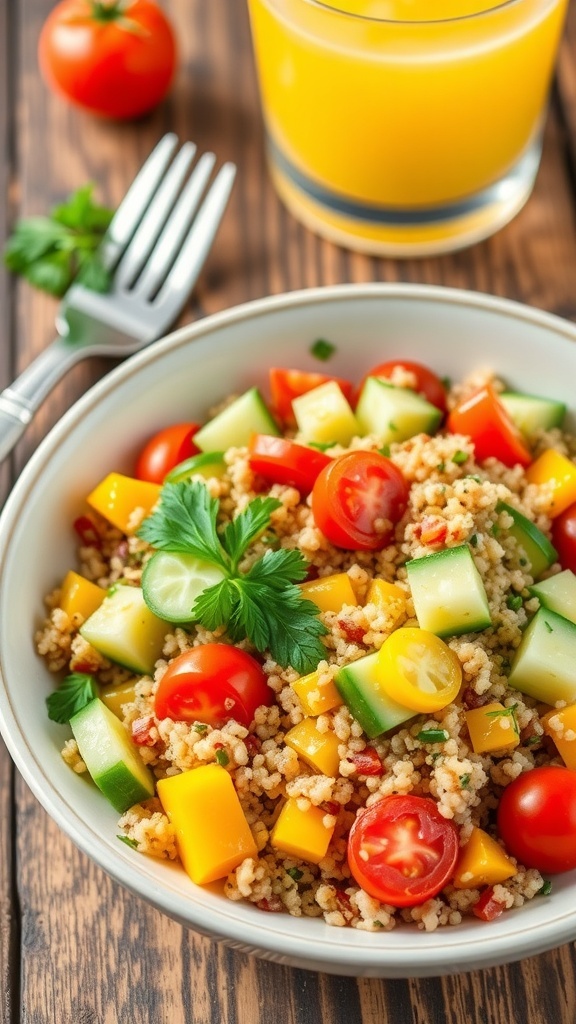 A colorful quinoa breakfast salad with tomatoes, cucumbers, and bell peppers on a wooden table.